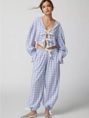 Gingham Tie-Front Loungewear Set in Lavender